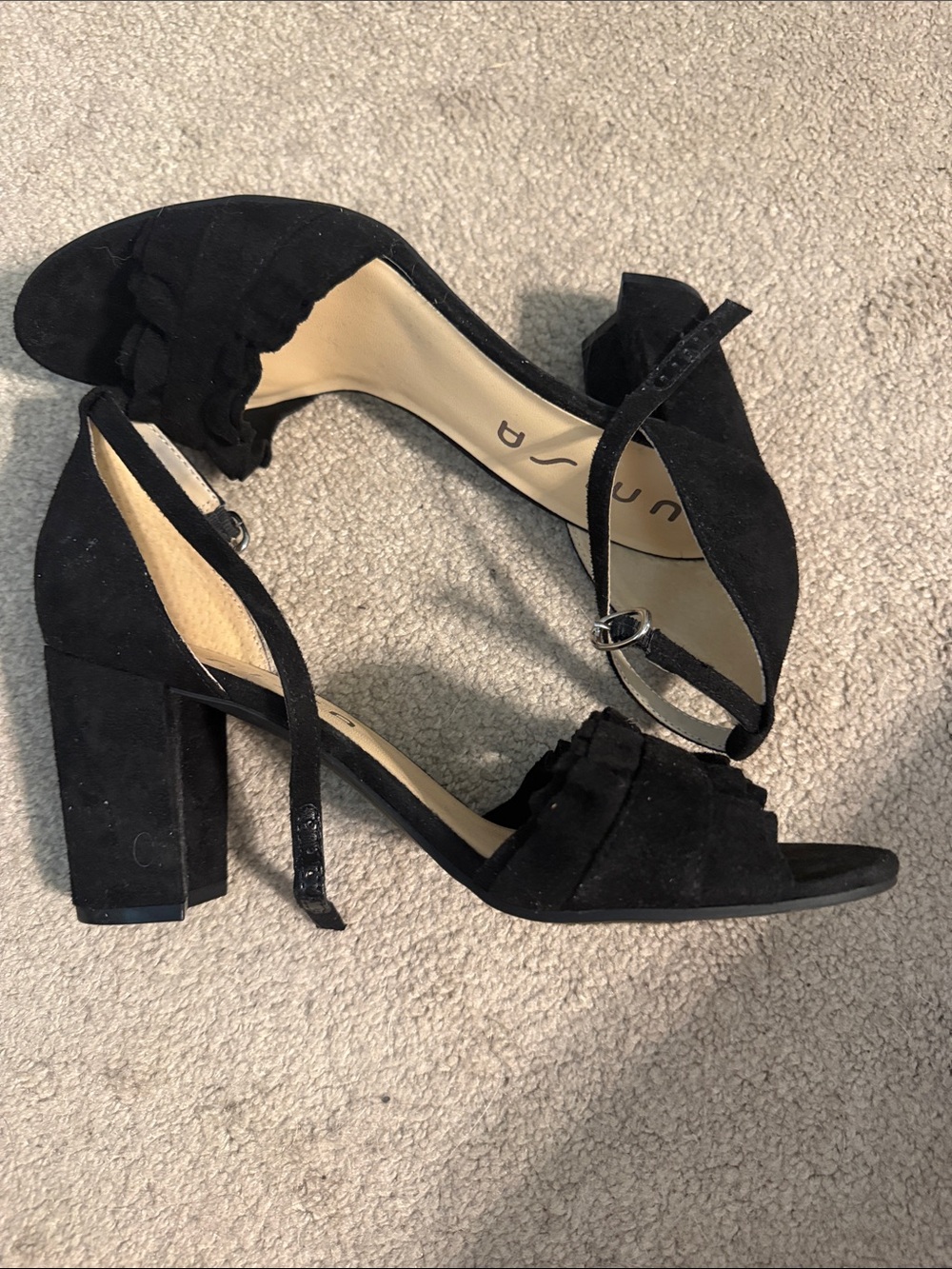 Unisa Black Suede Ruffle Ankle Strap Block Heels